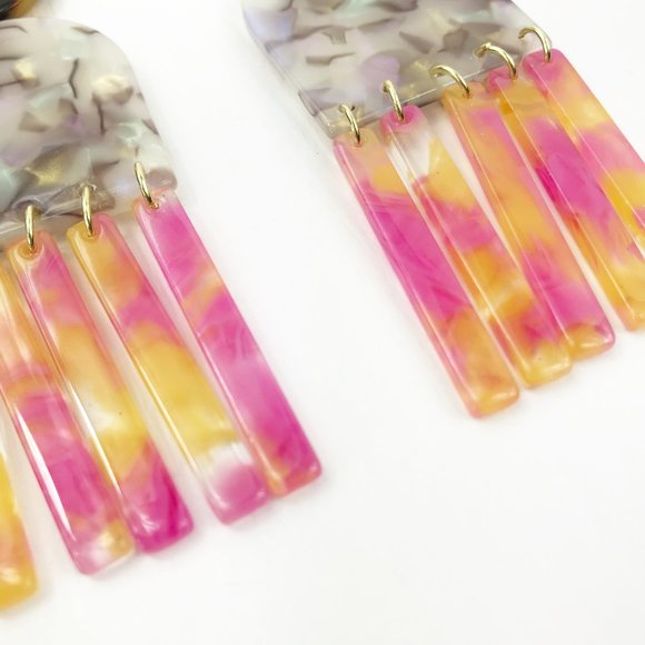 Gray Tab & Fringe Earrings w/ Pink & Yellow Fringe - Picture 3 of 7